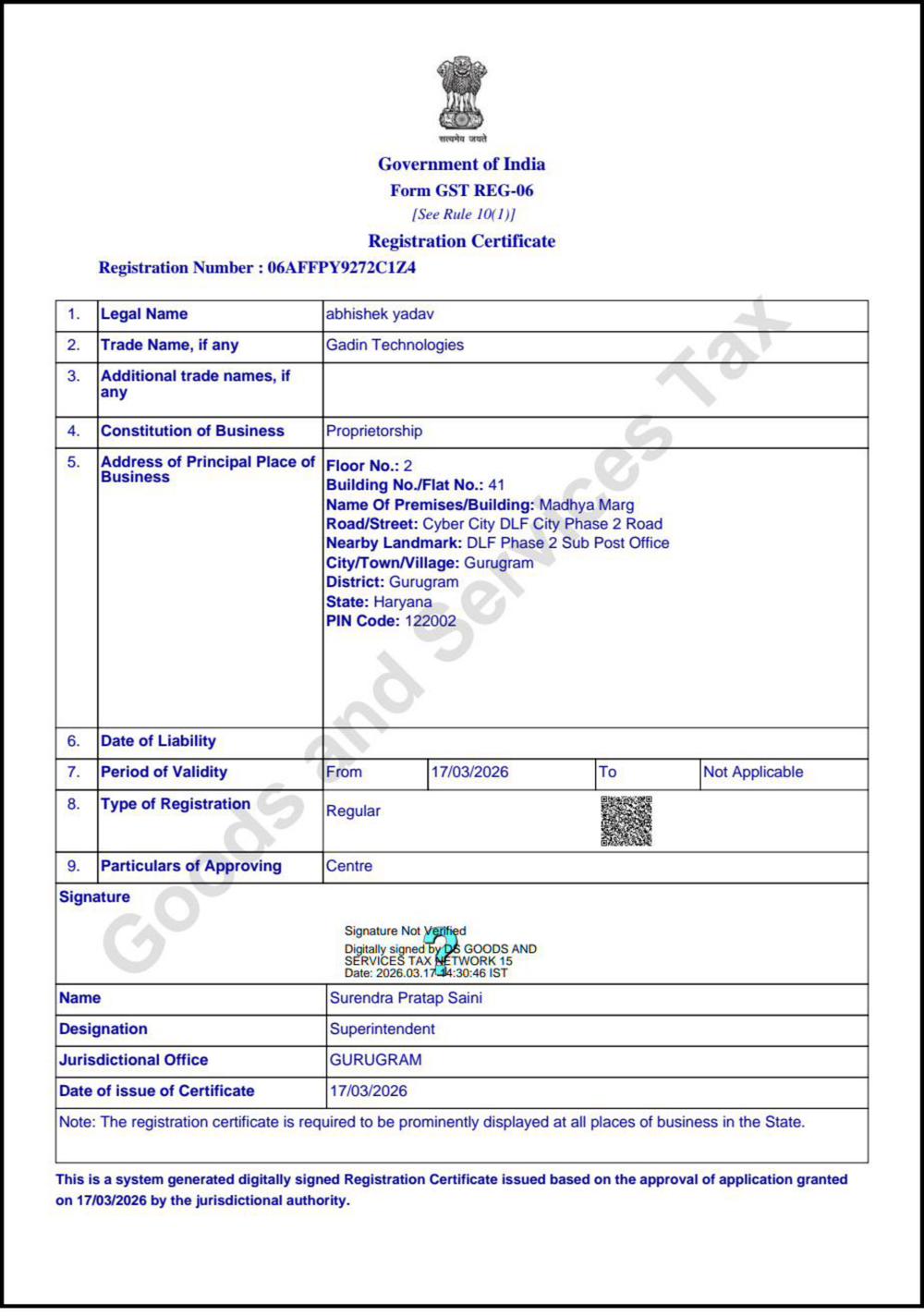 GST Certificate 06AFFPY9272C1Z4 Gadin Technologies Haryana