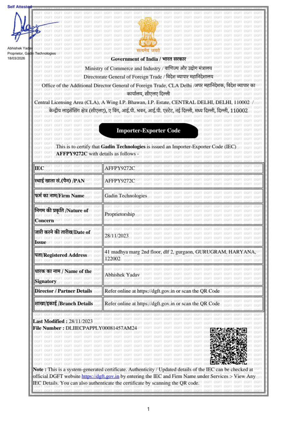 IEC Certificate AFFPY9272C Gadin Exports DGFT India